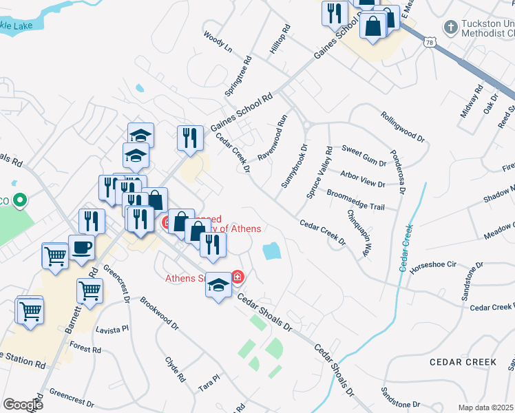 map of restaurants, bars, coffee shops, grocery stores, and more near 172 Spring Lake Drive in Athens