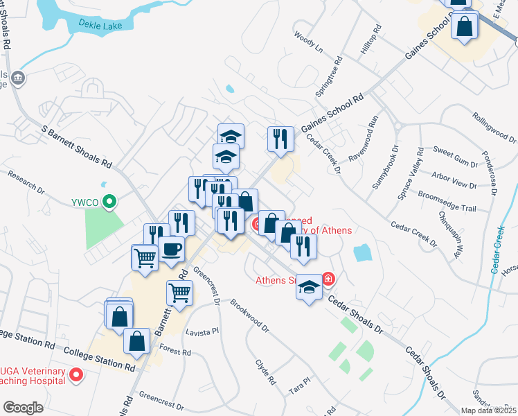 map of restaurants, bars, coffee shops, grocery stores, and more near 120 Barrington Place in Athens