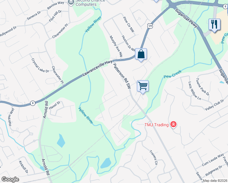 map of restaurants, bars, coffee shops, grocery stores, and more near 119 Braemore Mill Drive in Lawrenceville