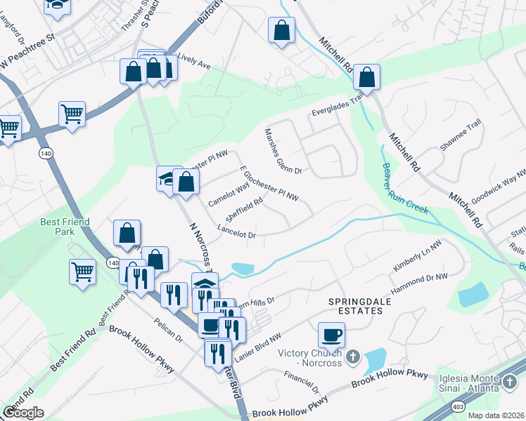 map of restaurants, bars, coffee shops, grocery stores, and more near 854 North Hampton in Norcross
