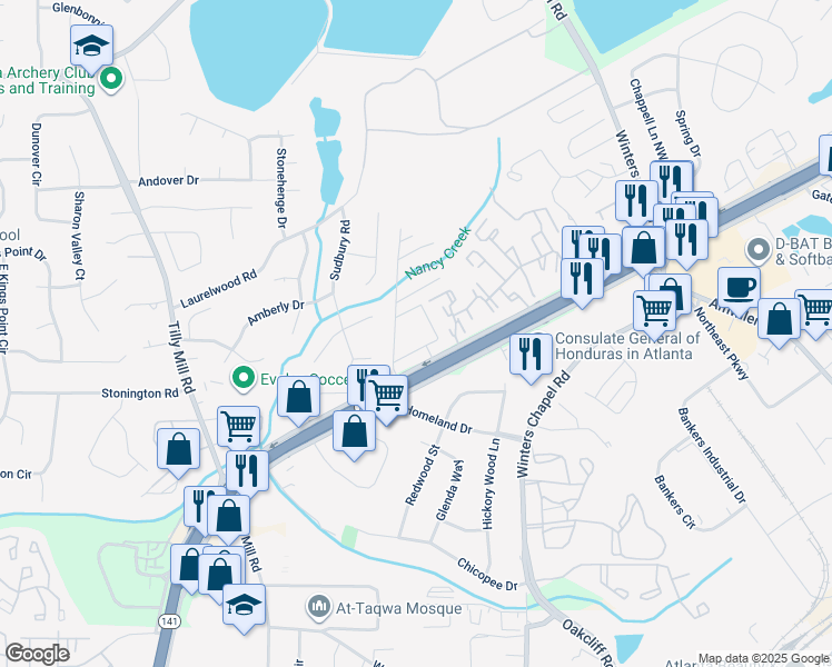 map of restaurants, bars, coffee shops, grocery stores, and more near 6676 Peachtree Industrial Boulevard in Atlanta