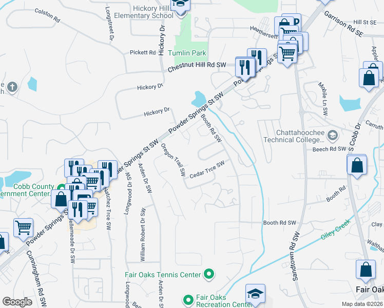 map of restaurants, bars, coffee shops, grocery stores, and more near 352 Booth Circle Southwest in Marietta