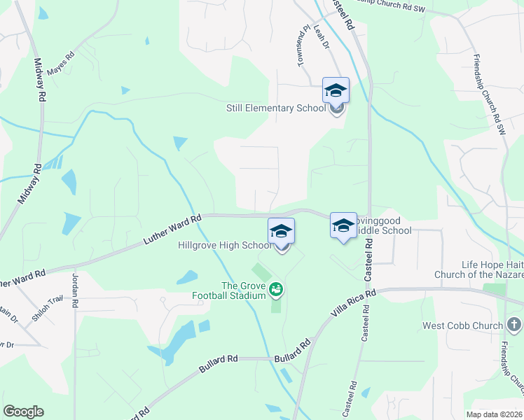 map of restaurants, bars, coffee shops, grocery stores, and more near 1050 Brookton Square in Powder Springs