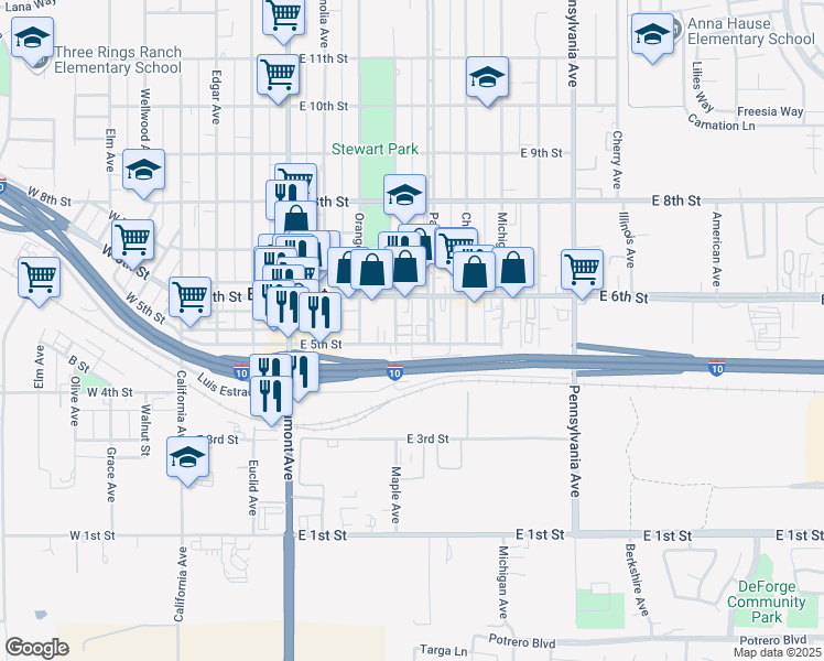 map of restaurants, bars, coffee shops, grocery stores, and more near 525 Palm Avenue in Beaumont