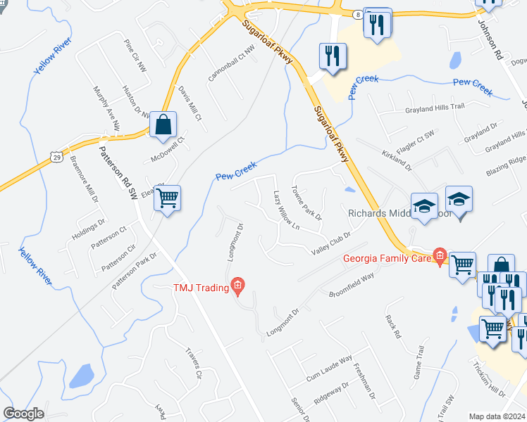 map of restaurants, bars, coffee shops, grocery stores, and more near Rosemary Place in Lawrenceville