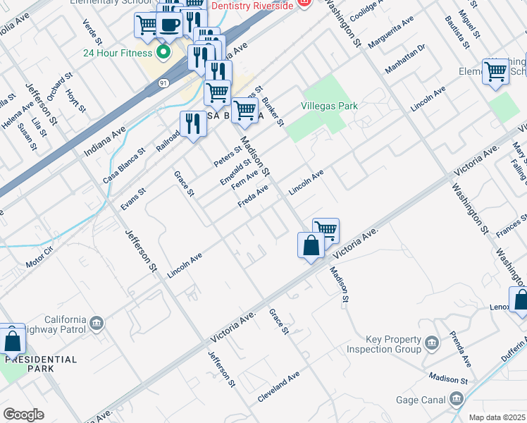 map of restaurants, bars, coffee shops, grocery stores, and more near 7567 Lincoln Avenue in Riverside