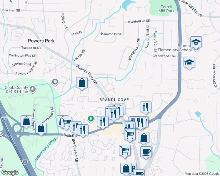 map of restaurants, bars, coffee shops, grocery stores, and more near 2970 Black Bear Drive in Marietta