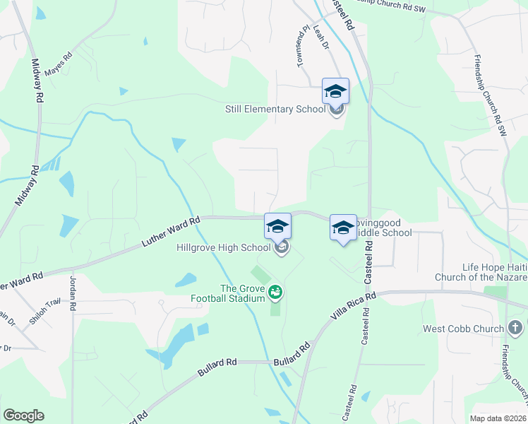map of restaurants, bars, coffee shops, grocery stores, and more near 1050 Brookton Square in Powder Springs