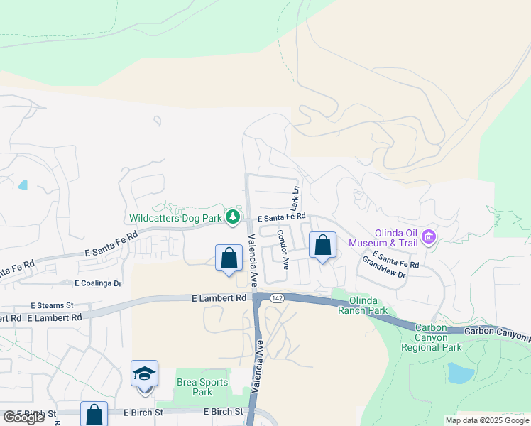 map of restaurants, bars, coffee shops, grocery stores, and more near 3631 Starling Way in Brea