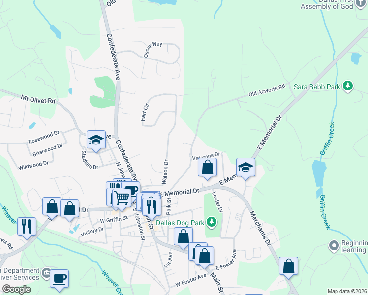 map of restaurants, bars, coffee shops, grocery stores, and more near 280 Old Acworth Road in Dallas