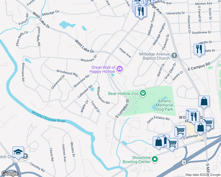 map of restaurants, bars, coffee shops, grocery stores, and more near 280 Lullwater Road in Athens