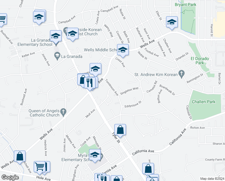map of restaurants, bars, coffee shops, grocery stores, and more near 10206 Mull Avenue in Riverside