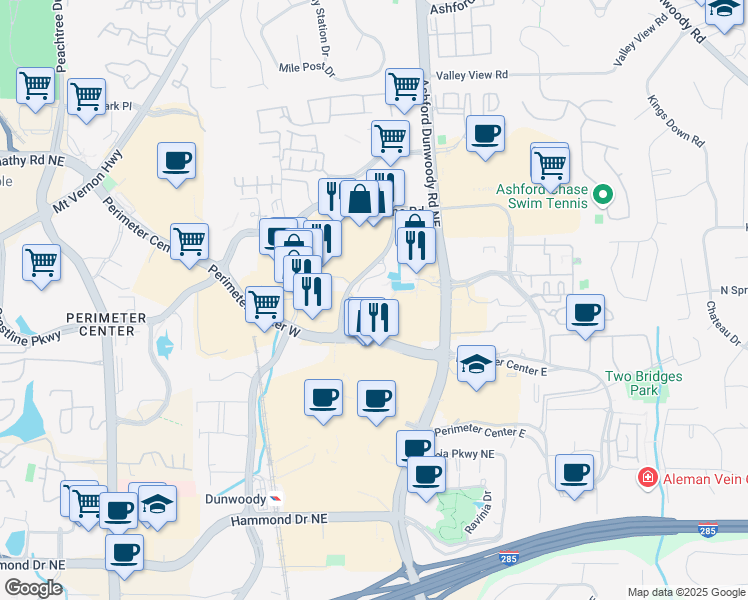 map of restaurants, bars, coffee shops, grocery stores, and more near 115 Interstate 285 in Dunwoody