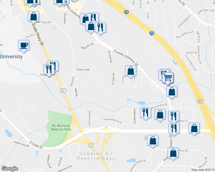 map of restaurants, bars, coffee shops, grocery stores, and more near 750 Franklin Road Southeast in Marietta