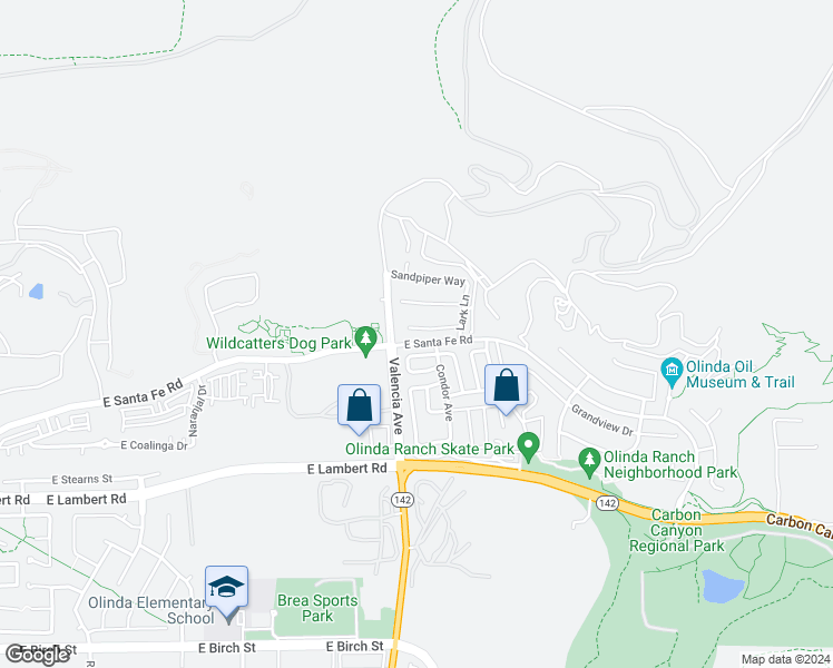 map of restaurants, bars, coffee shops, grocery stores, and more near 3631 Starling Way in Brea