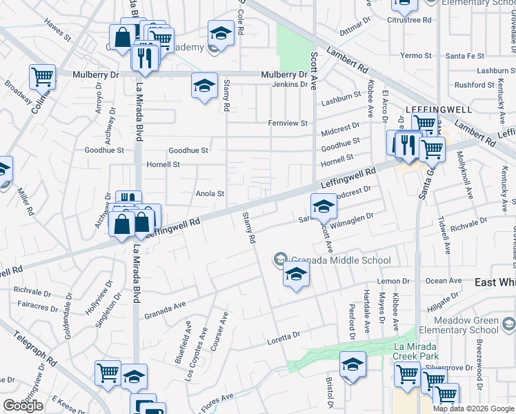 map of restaurants, bars, coffee shops, grocery stores, and more near 11503 Tropico Avenue in Whittier