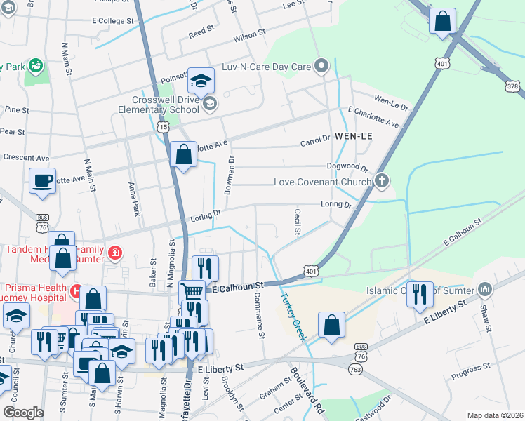 map of restaurants, bars, coffee shops, grocery stores, and more near 430 Loring Drive in Sumter