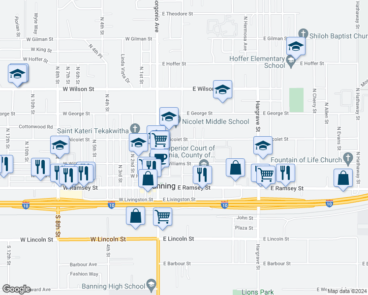 map of restaurants, bars, coffee shops, grocery stores, and more near 340 North Alessandro Street in Banning