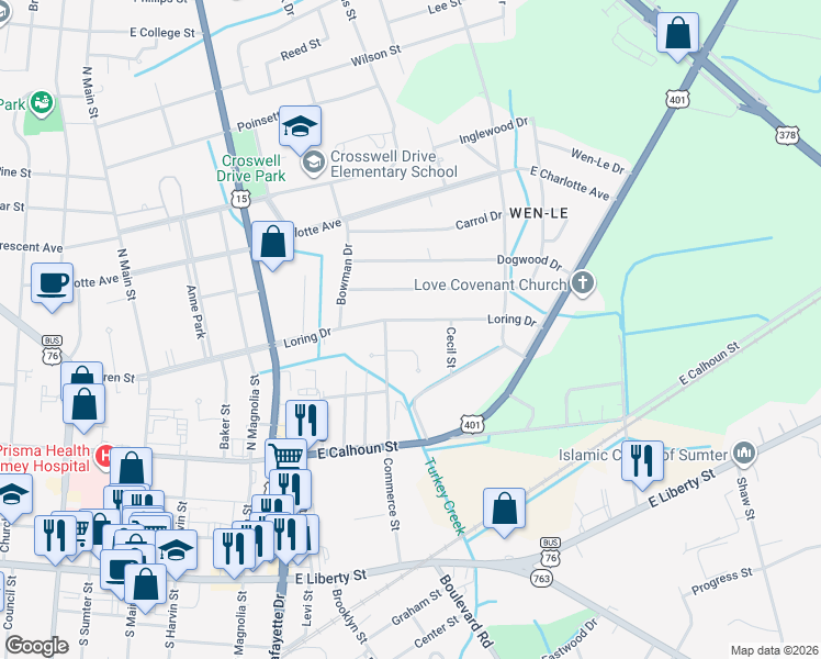 map of restaurants, bars, coffee shops, grocery stores, and more near 430 Loring Drive in Sumter