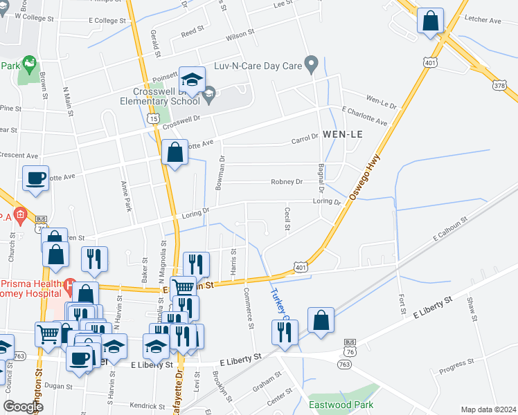 map of restaurants, bars, coffee shops, grocery stores, and more near 428 Loring Drive in Sumter