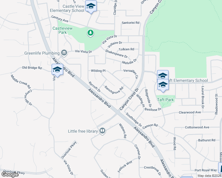 map of restaurants, bars, coffee shops, grocery stores, and more near 6832 Ranchgrove Road in Riverside