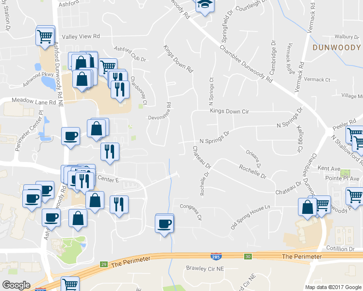 map of restaurants, bars, coffee shops, grocery stores, and more near 4530 Village Springs Place in Dunwoody