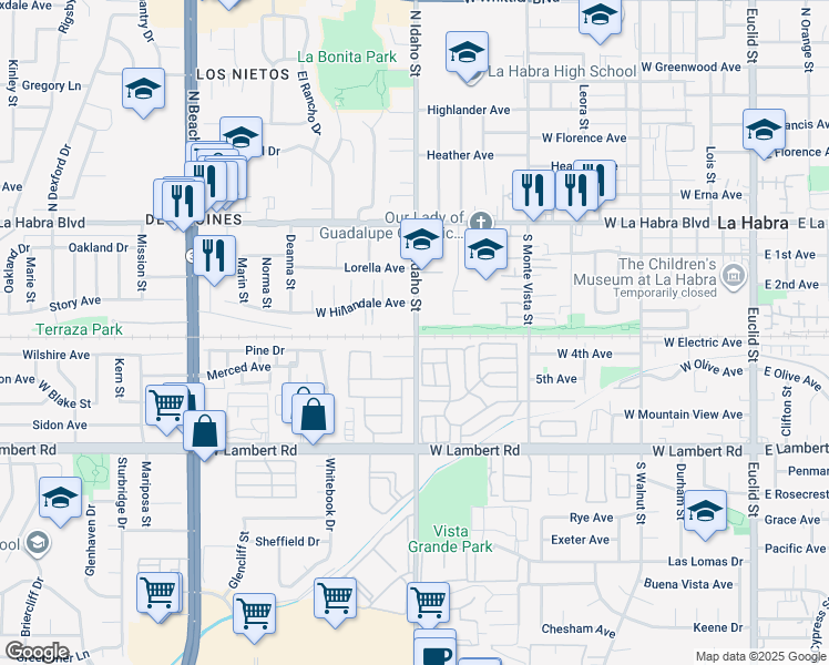 map of restaurants, bars, coffee shops, grocery stores, and more near 361 South Idaho Street in La Habra