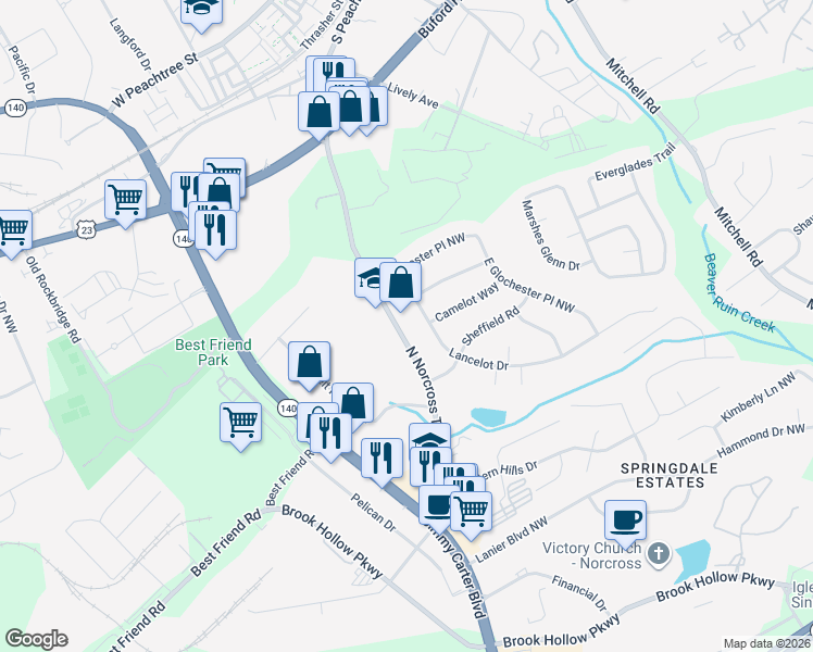 map of restaurants, bars, coffee shops, grocery stores, and more near 609 N Norcross Tucker Rd in Norcross