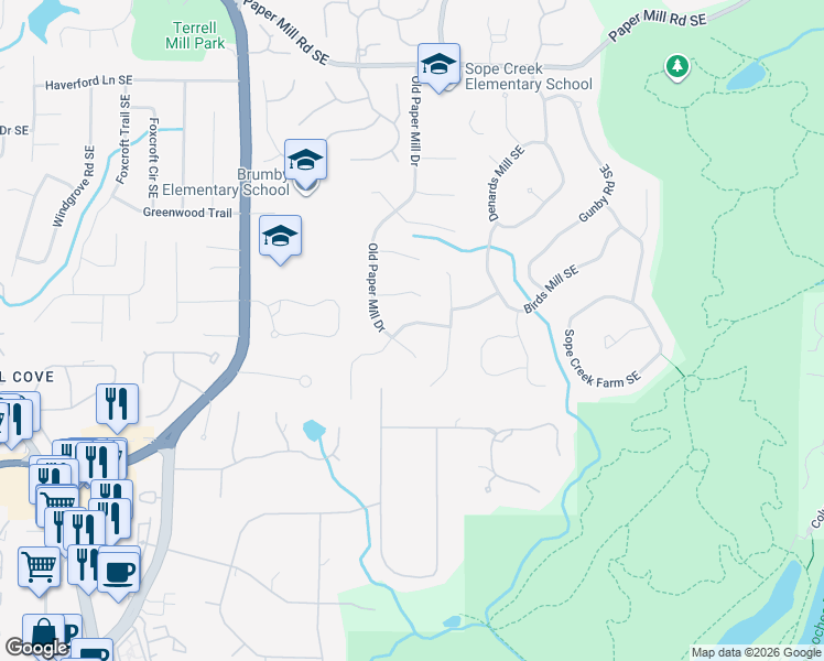 map of restaurants, bars, coffee shops, grocery stores, and more near 3204 Powers Ford in Marietta