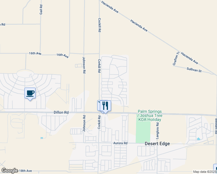 map of restaurants, bars, coffee shops, grocery stores, and more near 70200 Dillon Road in Desert Hot Springs