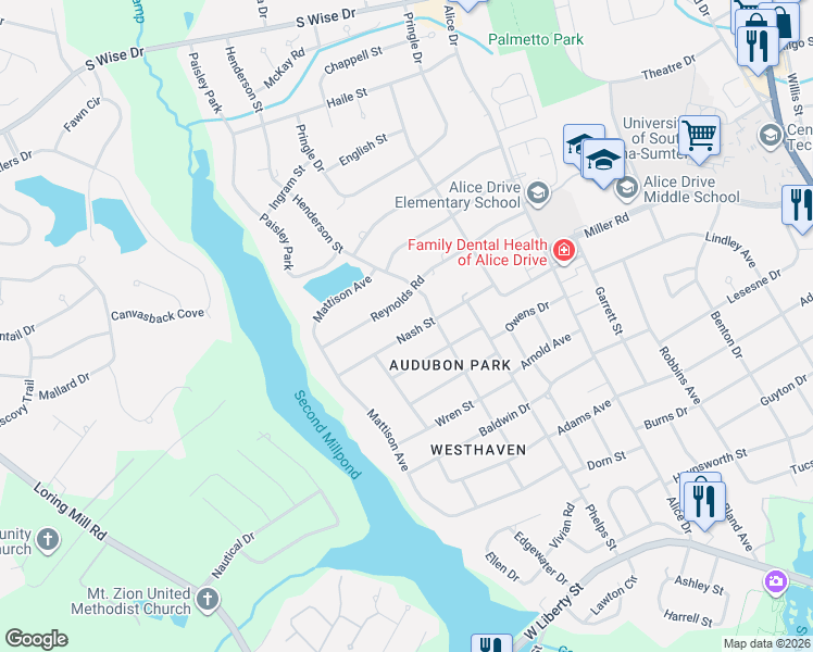 map of restaurants, bars, coffee shops, grocery stores, and more near 105 Nash Street in Sumter