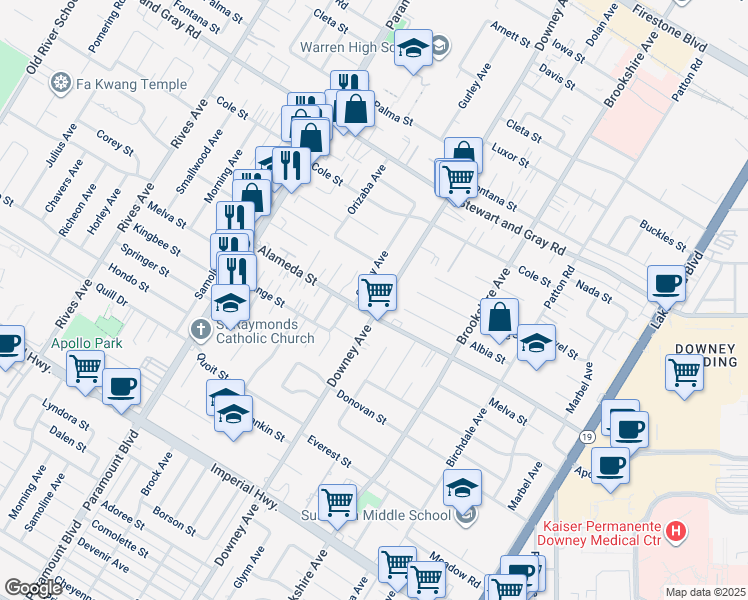 map of restaurants, bars, coffee shops, grocery stores, and more near 12141 Downey Avenue in Downey