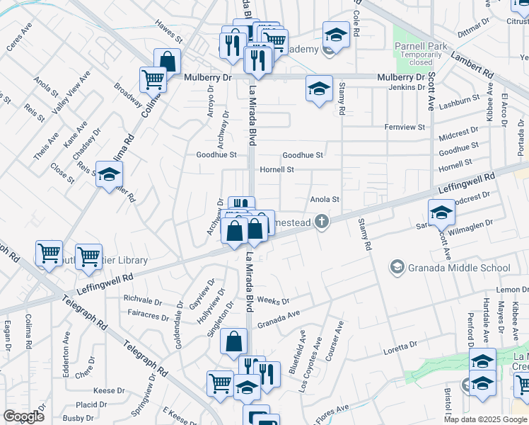 map of restaurants, bars, coffee shops, grocery stores, and more near 15020 Cerecita Drive in Whittier