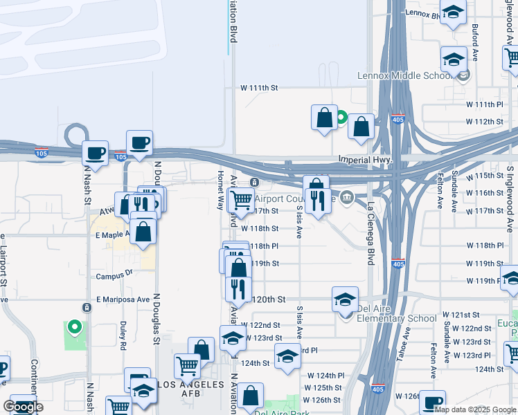 map of restaurants, bars, coffee shops, grocery stores, and more near 5507 West 117th Street in Inglewood