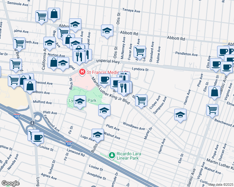 map of restaurants, bars, coffee shops, grocery stores, and more near 3801 Martin Luther King Junior Boulevard in Lynwood