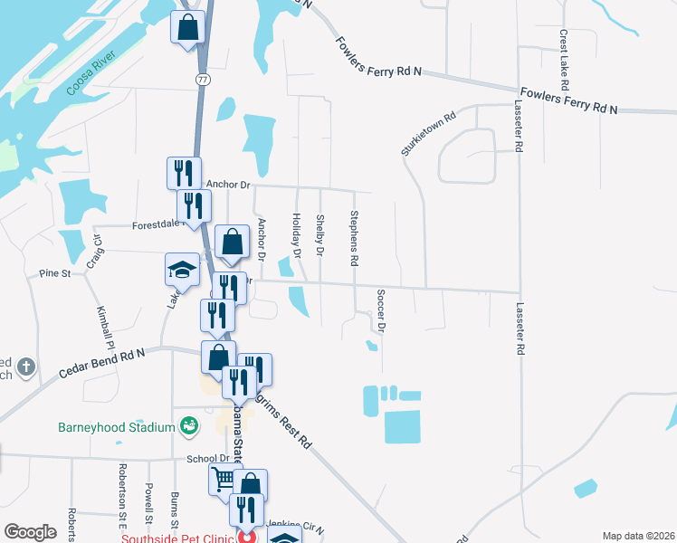 map of restaurants, bars, coffee shops, grocery stores, and more near 3270 Hall Drive in Gadsden