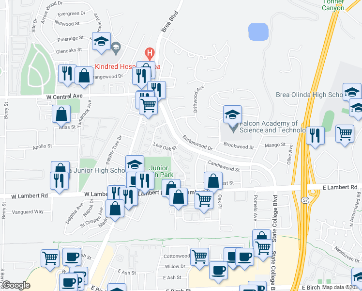 map of restaurants, bars, coffee shops, grocery stores, and more near 311 North State College Boulevard in Brea
