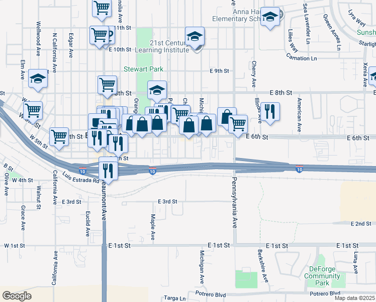 map of restaurants, bars, coffee shops, grocery stores, and more near 536 Chestnut Avenue in Beaumont