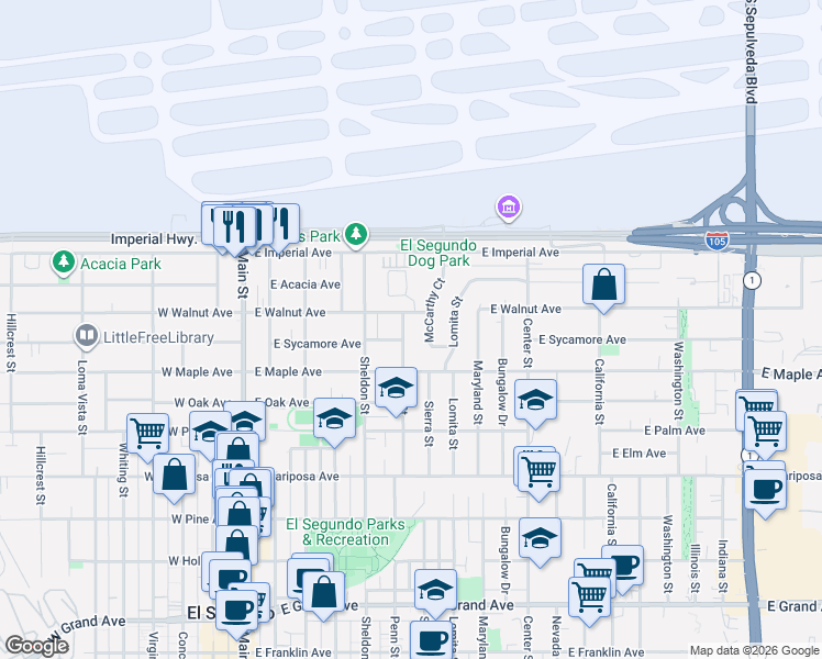 map of restaurants, bars, coffee shops, grocery stores, and more near 842 Penn Street in El Segundo