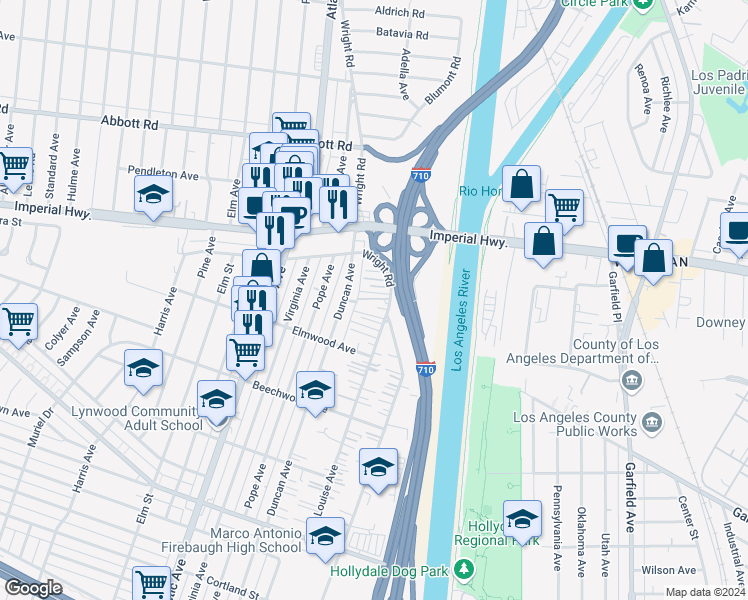 map of restaurants, bars, coffee shops, grocery stores, and more near 10987 Wright Road in Lynwood