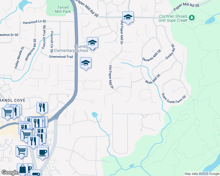 map of restaurants, bars, coffee shops, grocery stores, and more near 792 Old Paper Mill Drive in Marietta