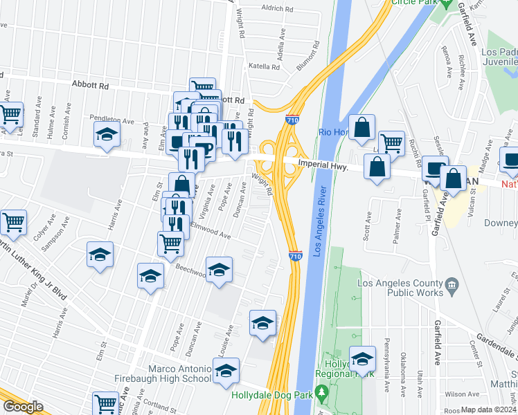 map of restaurants, bars, coffee shops, grocery stores, and more near 10987 Wright Road in Lynwood