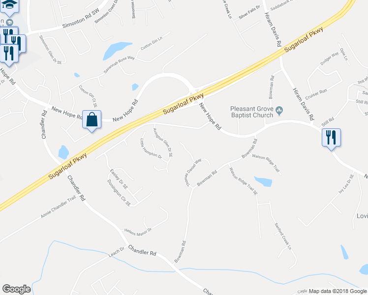 map of restaurants, bars, coffee shops, grocery stores, and more near 1224 Amanda Jill Court in Lawrenceville