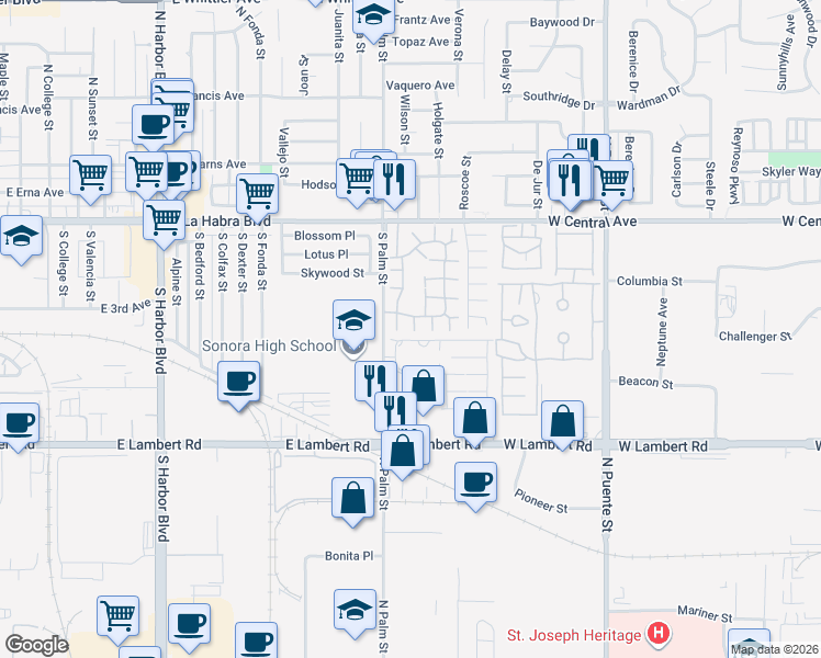 map of restaurants, bars, coffee shops, grocery stores, and more near 519 Breezewood Court in Brea