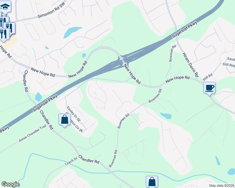 map of restaurants, bars, coffee shops, grocery stores, and more near 1264 Amanda Jill Court in Lawrenceville