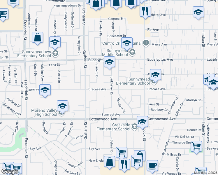 map of restaurants, bars, coffee shops, grocery stores, and more near 23706 Dracaea Avenue in Moreno Valley