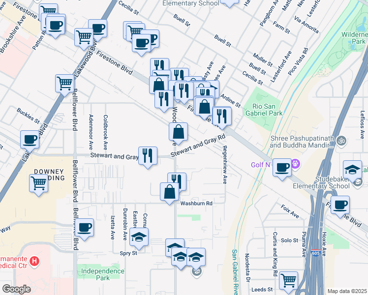 map of restaurants, bars, coffee shops, grocery stores, and more near 9505 Stewart and Gray Road in Downey