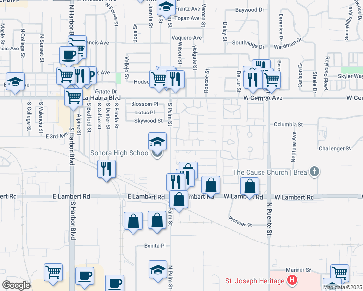 map of restaurants, bars, coffee shops, grocery stores, and more near 519 Breezewood Court in Brea