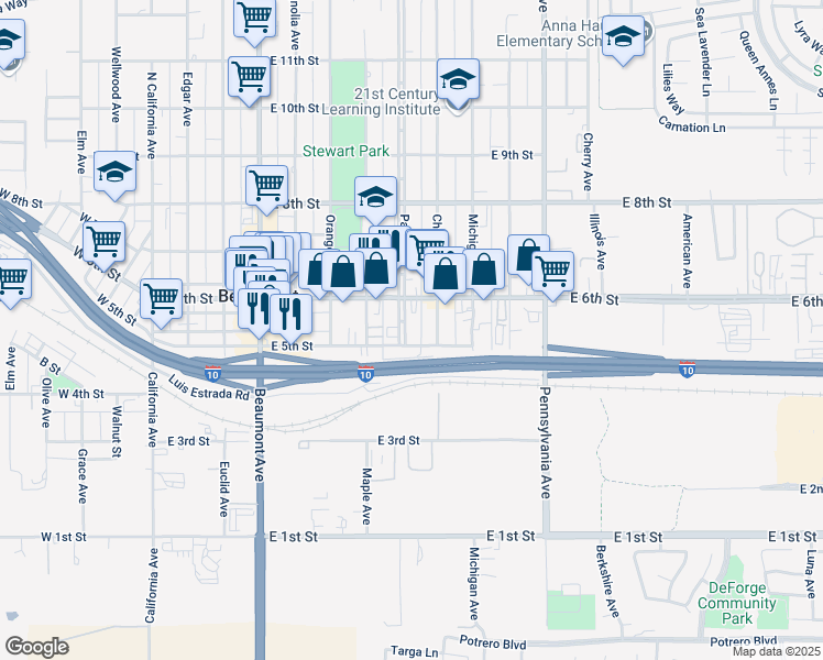 map of restaurants, bars, coffee shops, grocery stores, and more near 526 Palm Avenue in Beaumont