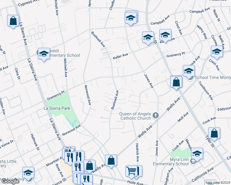 map of restaurants, bars, coffee shops, grocery stores, and more near 5220 Bushnell Avenue in Riverside